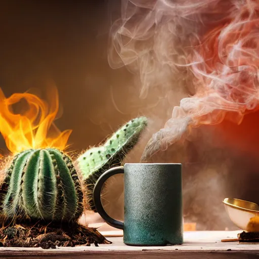 Image similar to spartan drinking tea with trichocereus background and smoke haze, photo