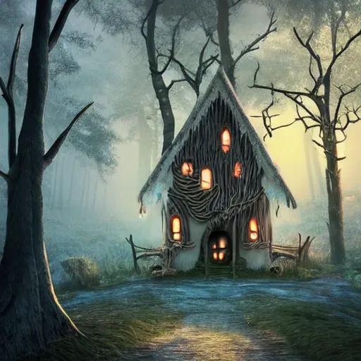 Image similar to witches house in hansel and gretel, gingerbread house, lollipops, candy on the house, twisted tall trees, chimney on a two story house, front porch with overhand, middle of the forest winding road leading to the house, moody, misty, cool tones, pastel colors, ultra realistic details, art style trending on artstation, concept art