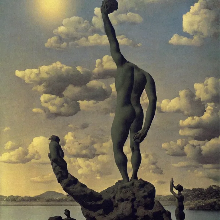 Prompt: A Monumental Public Sculpture of a 'Triumphant Hercules made of Sea Anemone' on a pedestal by the lake, surreal oil painting by Rene Magritte and Maxfield Parrish and Max Ernst shocking detail hyperrealistic!! Cinematic lighting