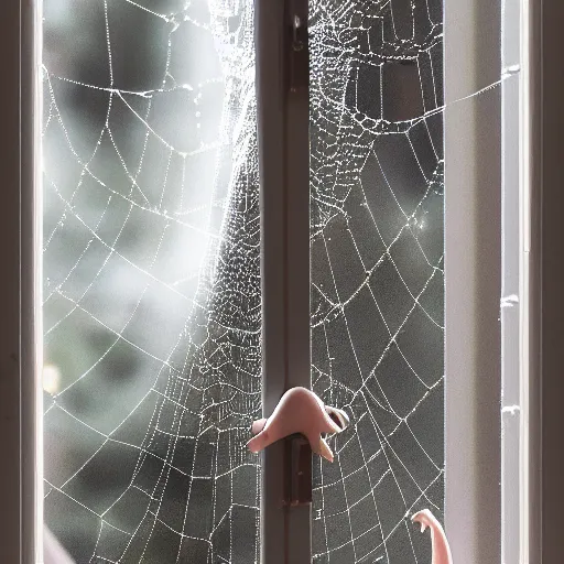 Prompt: peering out into the night sky from a window, a spiderweb is depicted and a toenail sits in the center of the spiderweb, illustrating it as a crescent moon, trending on artstation, 4 k photorealism, 4 k quality, lush, soft, glowing lighting, beautifully ornate atmosphere, cgsociety contest winner