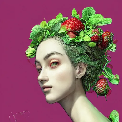 Prompt: the portrait of an absurdly beautiful, graceful, elegant, sophisticated woman made of strawberries and green petals, an ultrafine hyperdetailed illustration by kim jung gi, irakli nadar, proportions, intricate linework, bright colors, octopath traveler, final fantasy, unreal engine 5 highly rendered, global illumination, radiant light, detailed and intricate environment