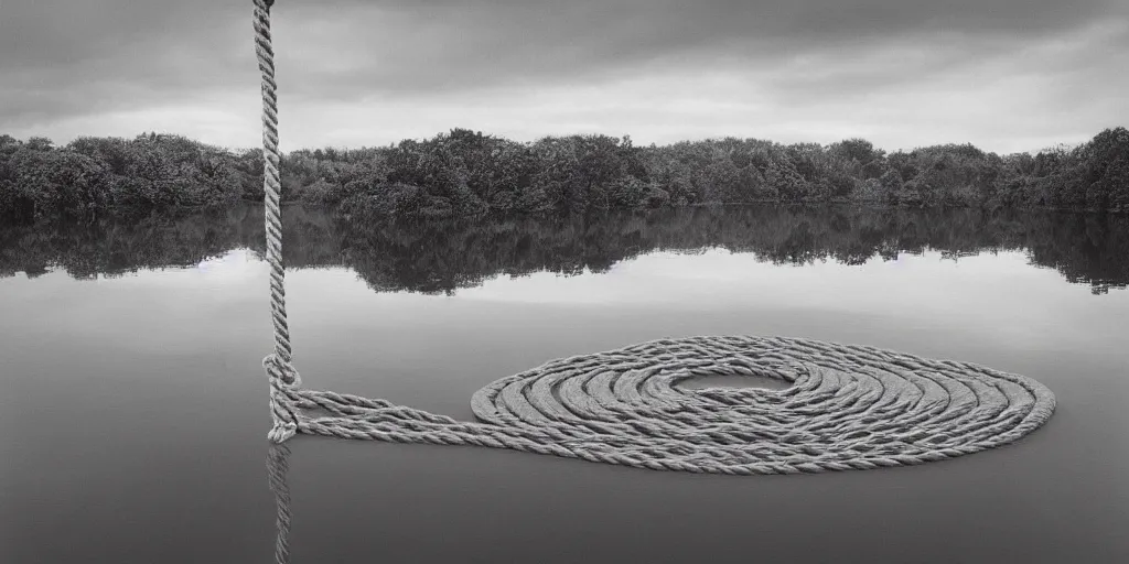 Image similar to symmetrical photograph of an infinitely long rope submerged on the surface of the water, with an uhnicorn, the rope is snaking from the foreground towards the center of the lake, a dark lake on a cloudy day