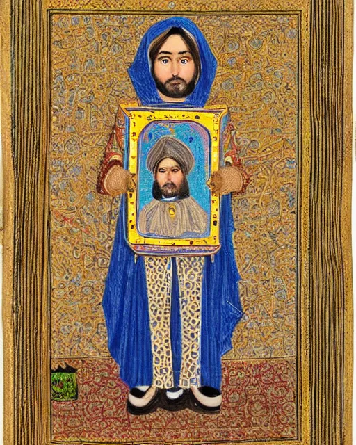 Image similar to Persian miniature portrait of a robot saint made of cables and robotic pod