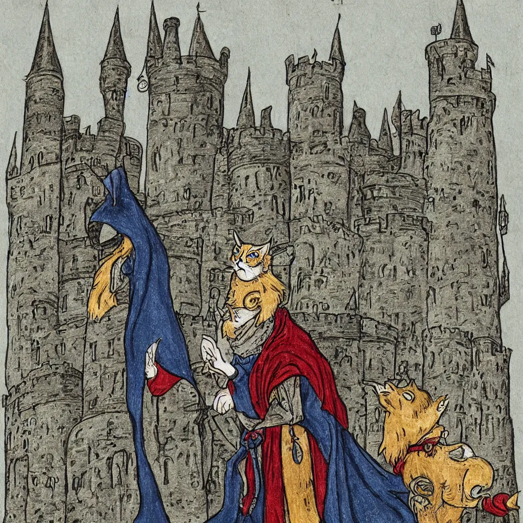 Image similar to a gray striped cat disguised as a wizard Merlin in front of the castle of Camelot, colorful medieval illustration