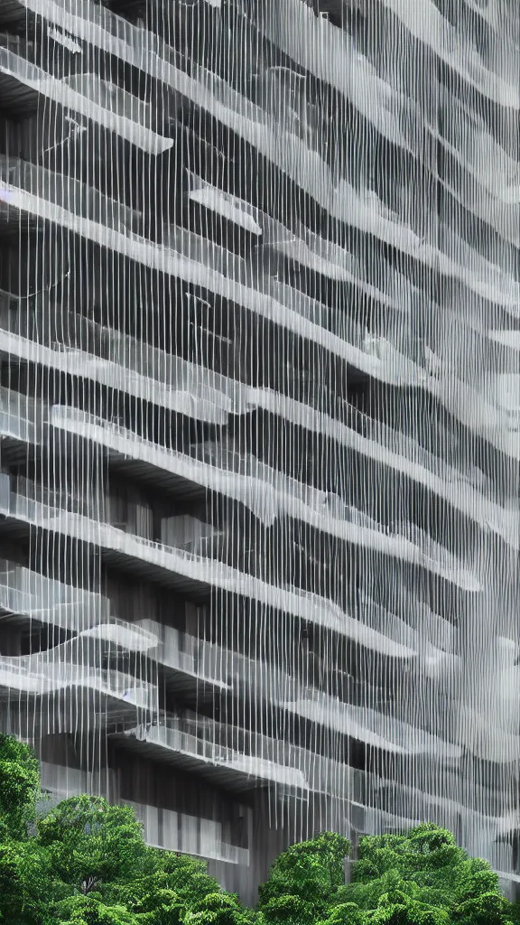 Prompt: hyperrealistic rendering of a futuristic timber clad building in a urban setting. the building has many balconies with hanging plants and large windows. parts of the building are wrapped in billowing fabric tarps. the fabric tarps are translucent mesh with large holes for balconies and windows. the fabric hangs from metal scaffolding. 8 k