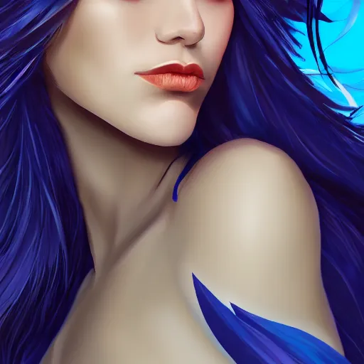 Image similar to a stunning upper body portrait of a beautiful woman with raven blue hair blowing in the wind by marvel comics, digital art, trending on artstation