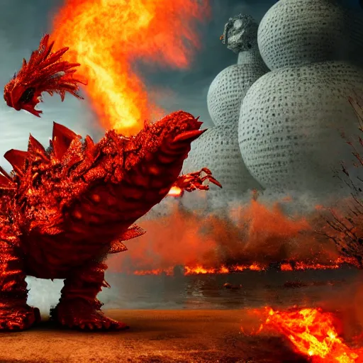 Prompt: evil steel rust bubble screaming fire chicken kaiju, cinematic, epic scale, hyper detailed, photorealistic, rule of thirds, 8 k.