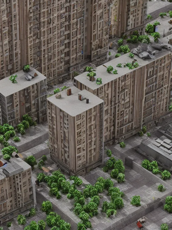 Image similar to soviet apartment building, beautiful detailed miniature, diorama, isometric, 3d render, octane unreal render, ultra realistic, studio lighting, super detailed, 4k
