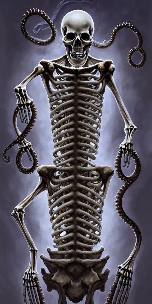 Image similar to a human skeleton slowly transforming into a tentacle monster, matte oil painting, concept art, dnd, clear, crisp, sharp, bones, eldritch, award - winning, extremely detailed, 4 k, 8 k