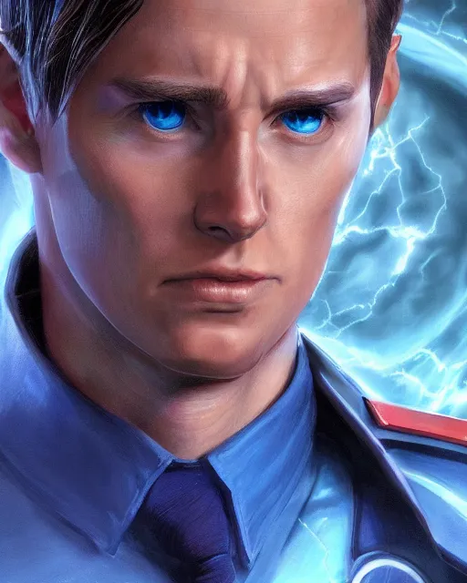 Image similar to portrait of tall, tired 3 3 - year - old handsome man with short darkblonde hair, blue eyes, wearing science fiction uniform, hyper realistic face, beautiful eyes, character art, art by mark brooks, hyperdetailed, cryengine, trending on artstation, digital art