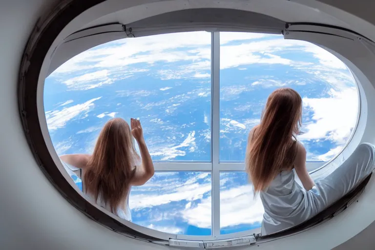 Image similar to sci-fi scene of space tourists in glamourous spaceship bedroom looking out large circular window at earth orbit By Emmanuel Lubezki