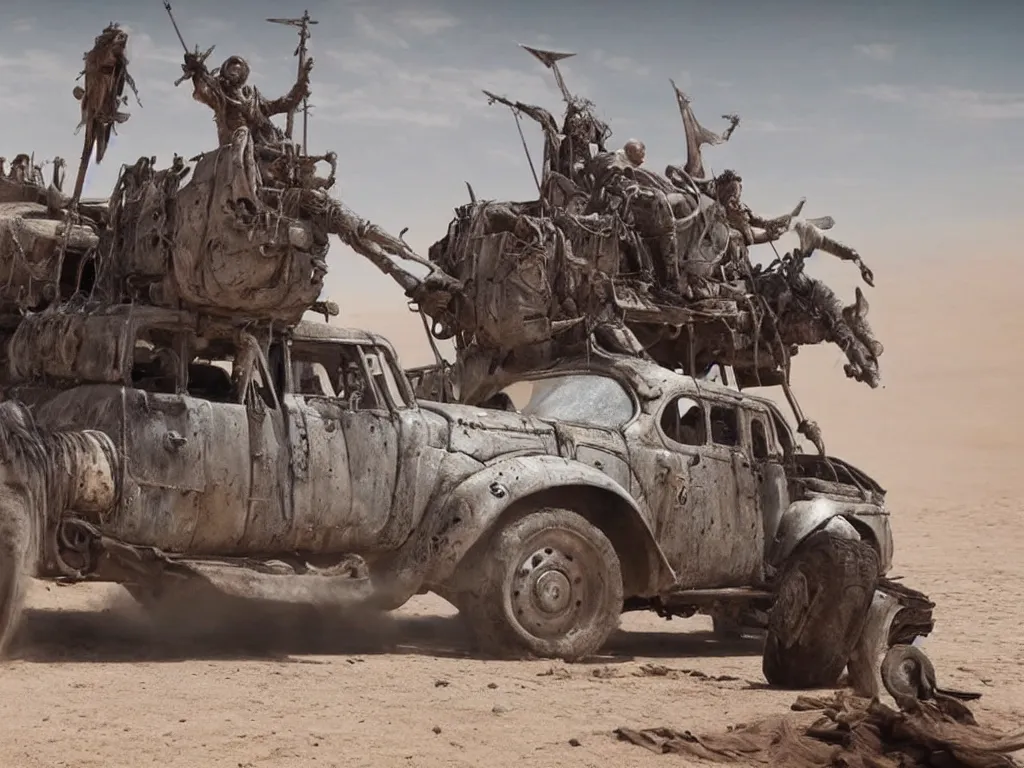 Prompt: popemobile in mad max: fury road (2016) photorealistic 8k promotional photo shot