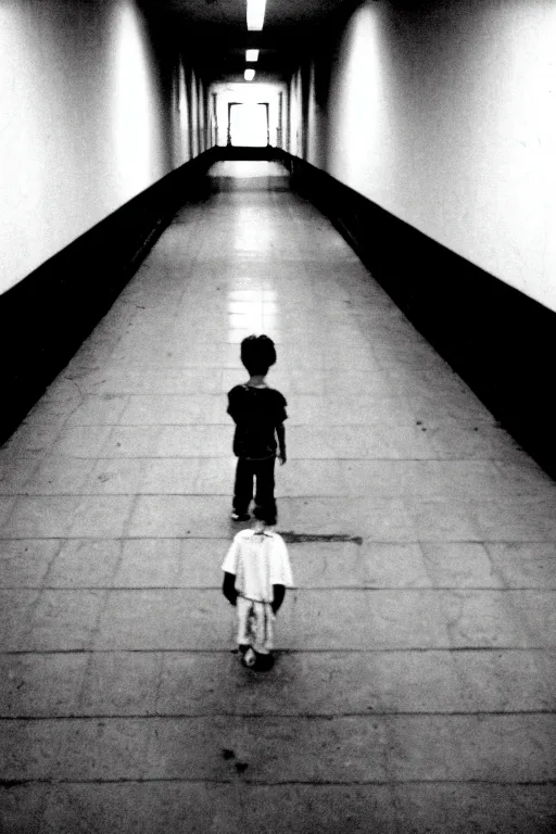 Image similar to photo polaroid of a sad and lonely child in the middle of a long corridor inside a prison, loneliness , black and white ,photorealistic, 35mm film,