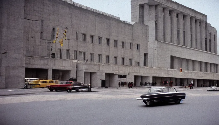 Image similar to 60s movie still of a sovietic stalinist style empty opera, cinestill 800t 50mm eastmancolor, liminal Space style, heavy grain-s 150