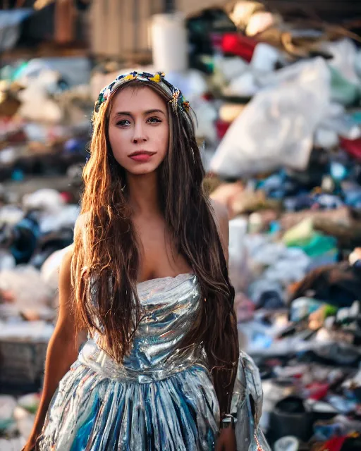 Image similar to a beautiful photo of a Young female with long hair and reflective eyes, Queen of trash wearing a gown made of plastic bags and trash, surrounded by trash all around and in the background, top cinematic lighting , very detailed, shot in canon 50mm f/1.2