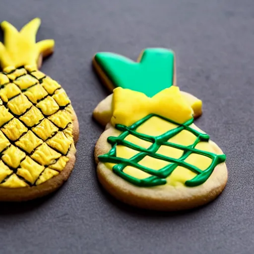 Prompt: tropical cookies, a cookie in the shape of a pineapple, 8k, Trending on artstation, professional photography