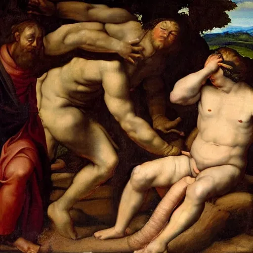 Prompt: renaissance painting of Polyphemus emerging from his cave