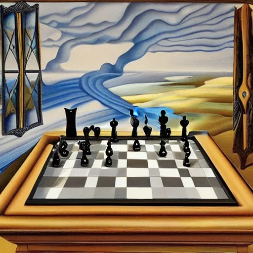 Prompt: painting of chess board in surreal landscape in the style of Salvador Dali