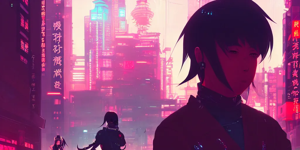 Image similar to digital illustration closeup of cyberpunk samurai in city street at night by makoto shinkai, ilya kuvshinov, lois van baarle, rossdraws, basquiat | afrofuturism, in the style of hearthstone, trending on artstation | cool color scheme