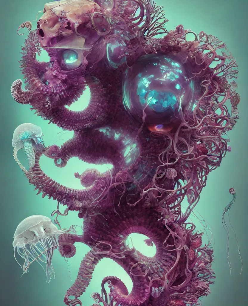 Image similar to goddess close-up portrait ram skull, thorax, x-ray, backbone, jellyfish phoenix head, nautilus, orchid, skull, betta fish, bioluminiscent creatures, intricate artwork by Tooth Wu and wlop and beeple. octane render, trending on artstation, greg rutkowski very coherent symmetrical artwork. cinematic, hyper realism, high detail, octane render, 8k