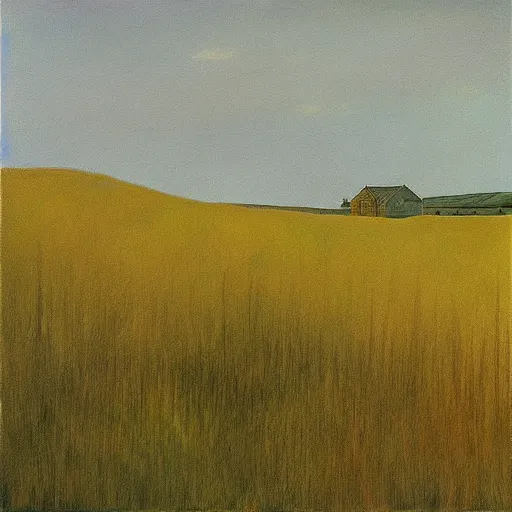 Image similar to “a soft prairie landscape during august, late afternoon, bushes in distance, in the style of Andrew Wyeth, muted colours”