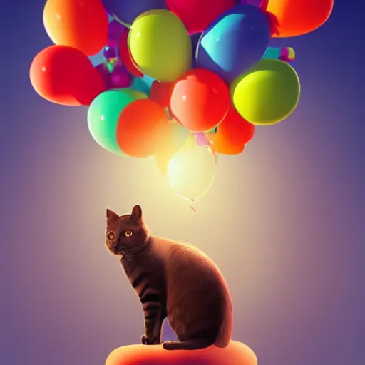 Image similar to a cat on top of a hill under a bunch of balloons, digital art by RHADS, shutterstock contest winner, digital art, behance hd, photoillustration, whimsical