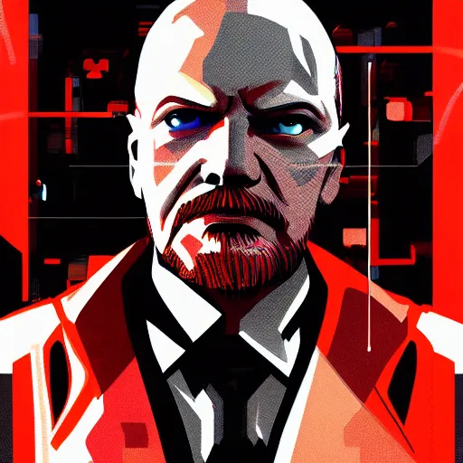 Image similar to cyberpunk vladimir lenin as the leader of a futuristic communist society, cybernetics, sharp lines, digital, artstation, colored in