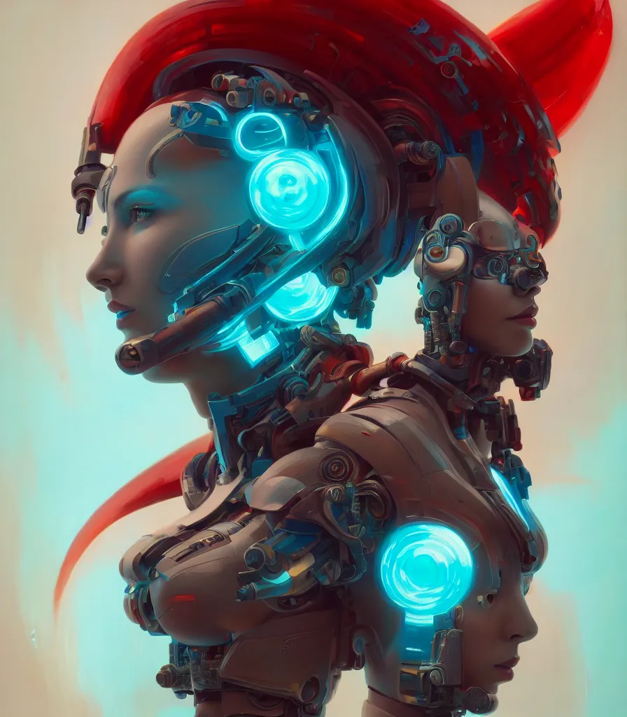 Prompt: a beautiful painting a portrait of cyborg angel, symetrical scene, symetric character, wires, trending in artstation, octane render, red and cyan, 8 k, by peter mohrbacher, zaha hadi