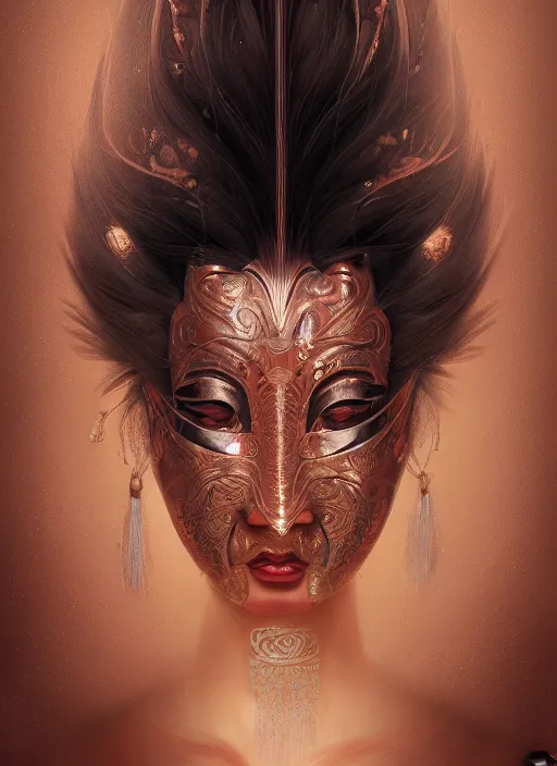 Image similar to a beautiful detailed oil on copper art illustration of a japanese obeshimi mask woman, centered, by charlie bowater, zeng fanzh, trending on artstation, dim dusk lighting, cinematic lighting, detailed lighting, volumetric lighting, realistic, f 8, 4 k hd wallpaper