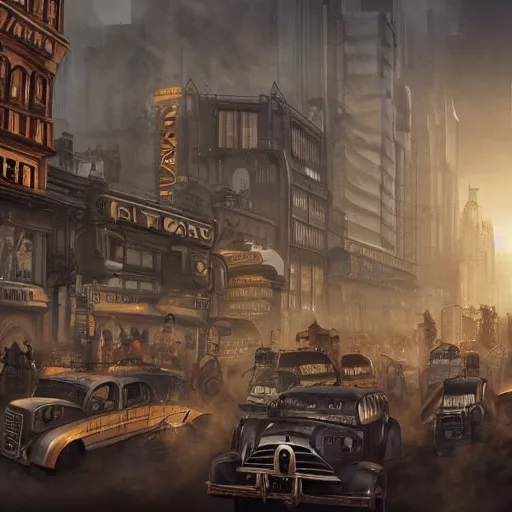 Prompt: photo of a dieselpunk city