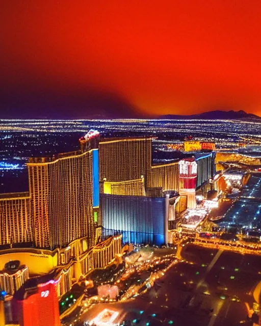 Image similar to las vegas at night on fire, shot from drone, grainy, polaroid, zoomed in