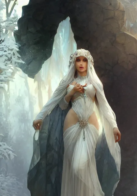 Image similar to ice queen, intricate, elegant, highly detailed, digital painting, artstation, concept art, smooth, sharp focus, illustration, art by artgerm and greg rutkowski and alphonse mucha and william - adolphe bouguereau