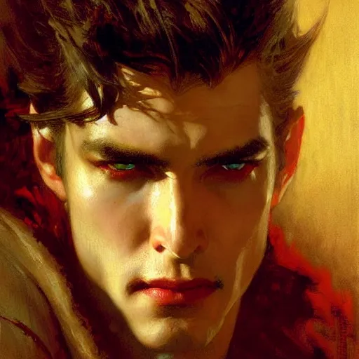 Image similar to attractive twenty first century male vampire beautiful eyes. highly detailed painting by gaston bussiere, craig mullins, j. c. leyendecker 8 k