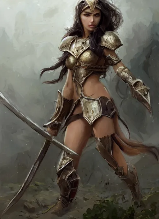 Prompt: a professional painting of an attractive young girl, partially clothed in battle armor, olive skin, long dark hair, beautiful bone structure, perfectly proportioned, nubile body, symmetrical facial features, intricate, elegant, heroic pose, digital painting, concept art, smooth, sharp focus, finely detailed, from Warhammer, by Ruan Jia and Mandy Jurgens and Artgerm and William-Adolphe Bouguerea
