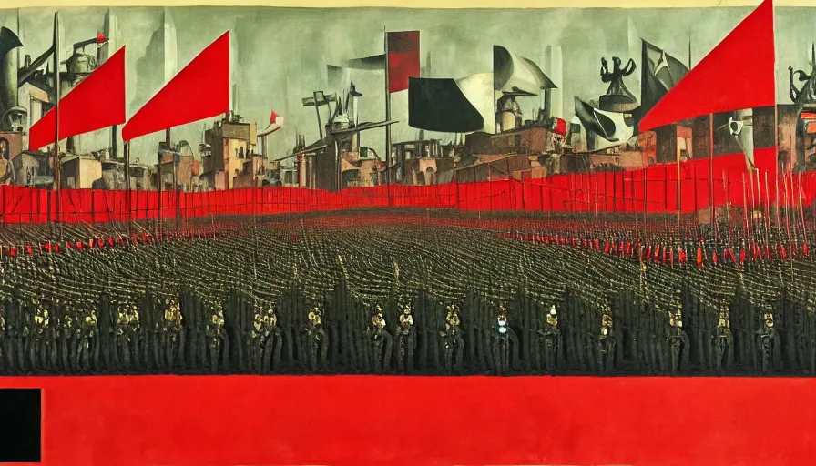 Image similar to army parade glorious march, futuristic alternate timeline, anarcho - communist hordes, red and black flags, modernist factories in background, art by max ernst, cnt spanish civil war era propaganda, extremely detailed, 4 k