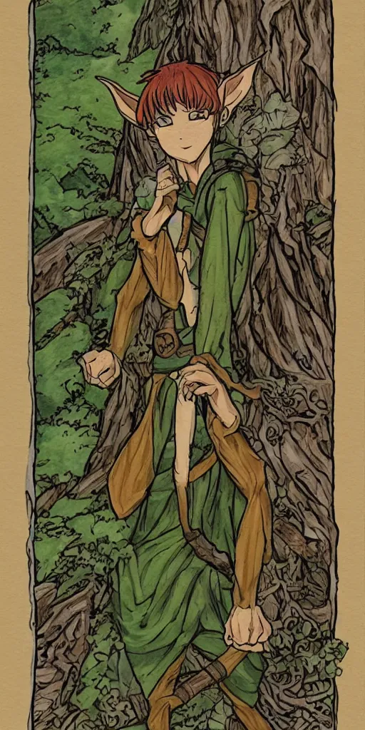 Prompt: an wood elf boy on the mountain side, anime style, tarot card, Tarot card the fool, fine line work, psychedelic, full color, earth tones