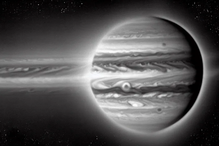 Image similar to the planet jupiter colliding with planet earth, photo taken from the surface of planet earth, black and white spielberg 3 5 mm film cinematic 4 k