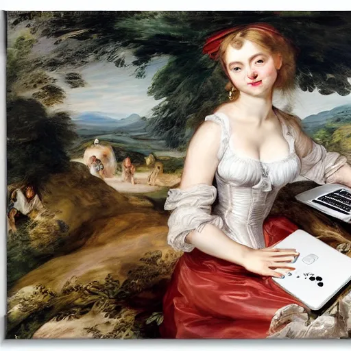 Image similar to heavenly summer sharp land sphere scallop well dressed lady working on her laptop auslese, by peter paul rubens and eugene delacroix and karol bak, hyperrealism, digital illustration, fauvist, looking at her imac laptop