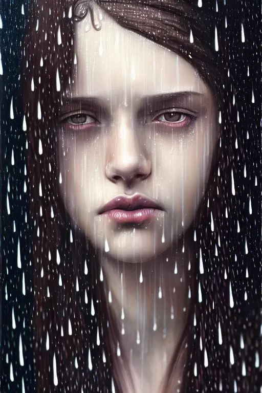 Prompt: portrait of a girl upside down in the rain with wet hair and face, fantasy, intricate, elegant, dramatic lighting, emotionally evoking symbolic metaphor, highly detailed, lifelike, photorealistic, digital painting, artstation, concept art, smooth, sharp focus, illustration, art by John Collier and Albert Aublet and Krenz Cushart and Artem Demura and Alphonse Mucha