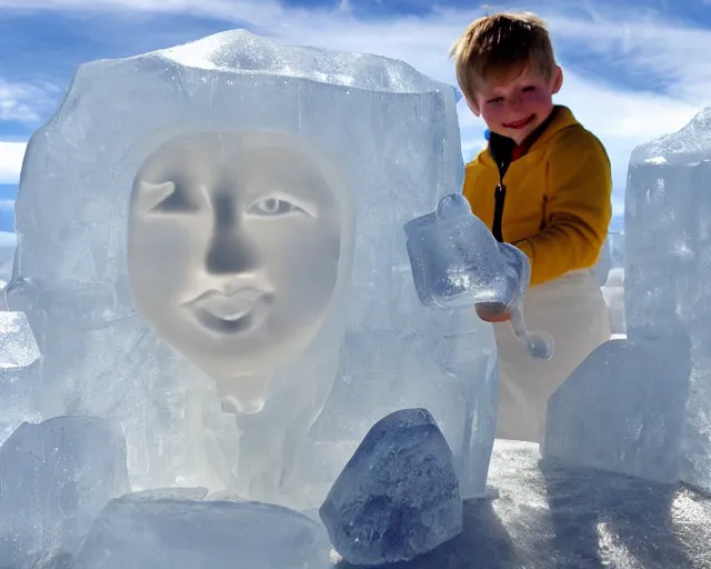 Image similar to ice sculpture. there is a little blonde boy trapped in the figurine made of ice. antartica