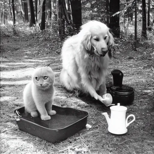 Image similar to vintage photograph of a golden retriever and a black kitty having a tea party in the forest