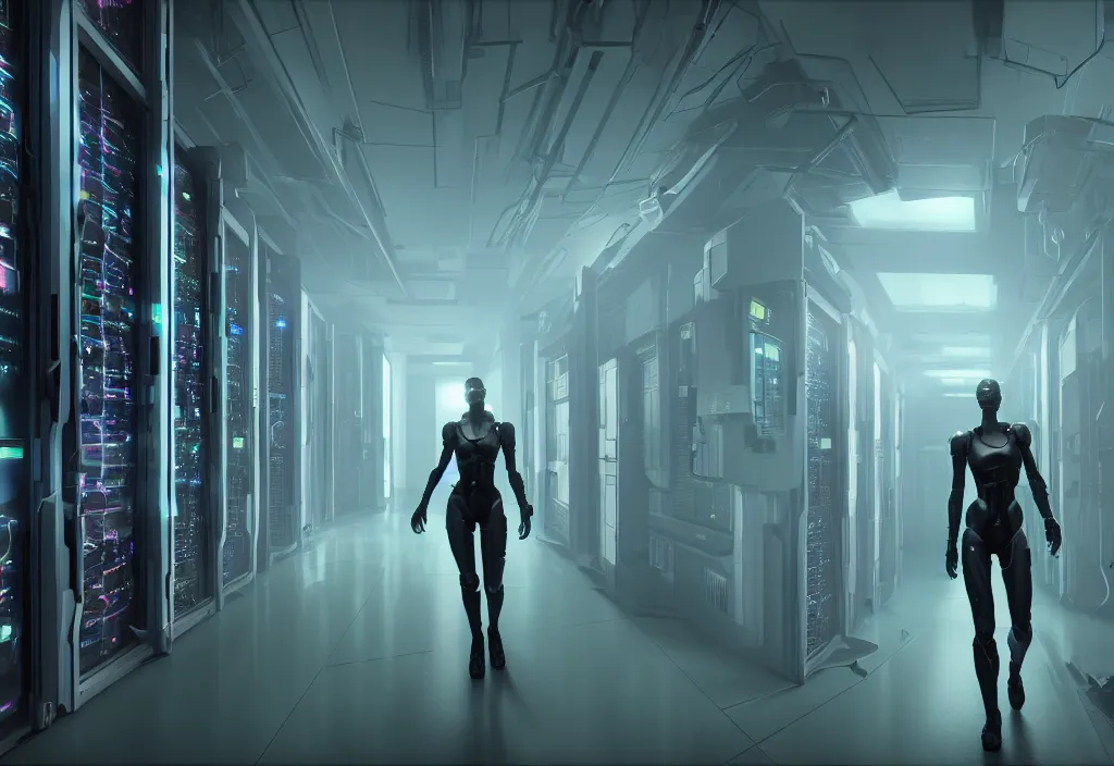 Image similar to android walking in server room in datacenter, shot by cyberpunk syle, character design, proportional body, whole body, whole figure, very realistic cinematic concept art, complementary color, realistic detailed, sharp lines, trending on artstation, volumetric lighting, style by vitaly bulgarov artstaion film by neil blomkamp style, octane render