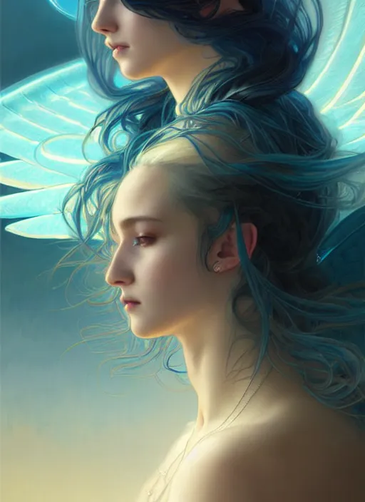 Image similar to a beautiful cinematic female archangel queen, fantasy sea landscape, fantasy magic, short aqua blue black fade hair, dark light night, intricate, elegant, sharp focus, illustration, highly detailed, digital painting, concept art, matte, art by WLOP and Artgerm and Greg Rutkowski and Alphonse Mucha, masterpiece