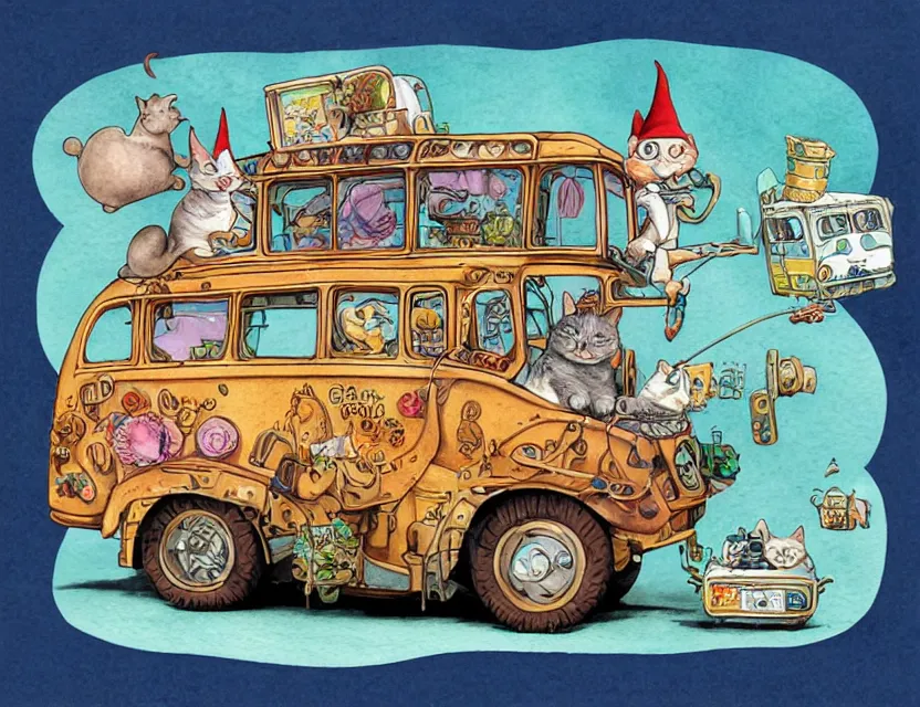 Image similar to cute and funny, a garden gnome driving a steampunk bus, a cat is on the roof holding on for dear life, ratfink style by ed roth, centered award winning watercolor pen illustration, isometric illustration by chihiro iwasaki, edited by range murata, tiny details by artgerm and watercolor girl, symmetrically isometrically centered, sharply focused