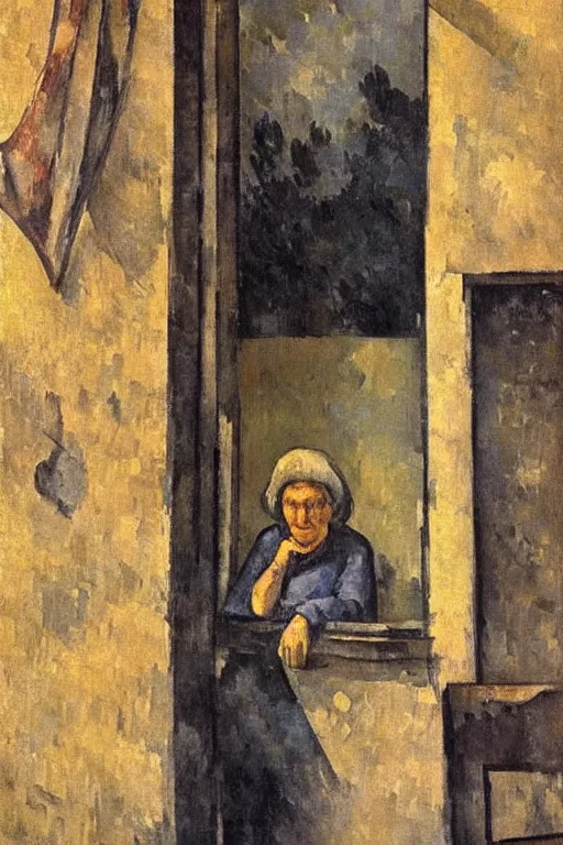 Prompt: an elderly and content italian woman leaning out of the window of an old building, smoking a cigarette, by paul cezanne, firenze, sunset, smooth, expressionist, gold