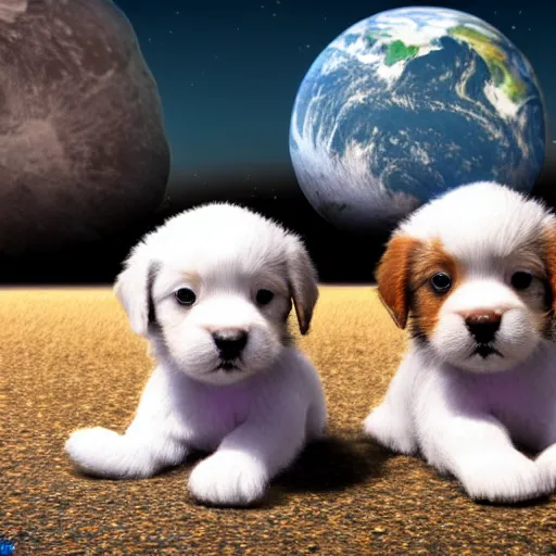 Image similar to cute puppies 4k ultra realistic in park on the moon, earth in background