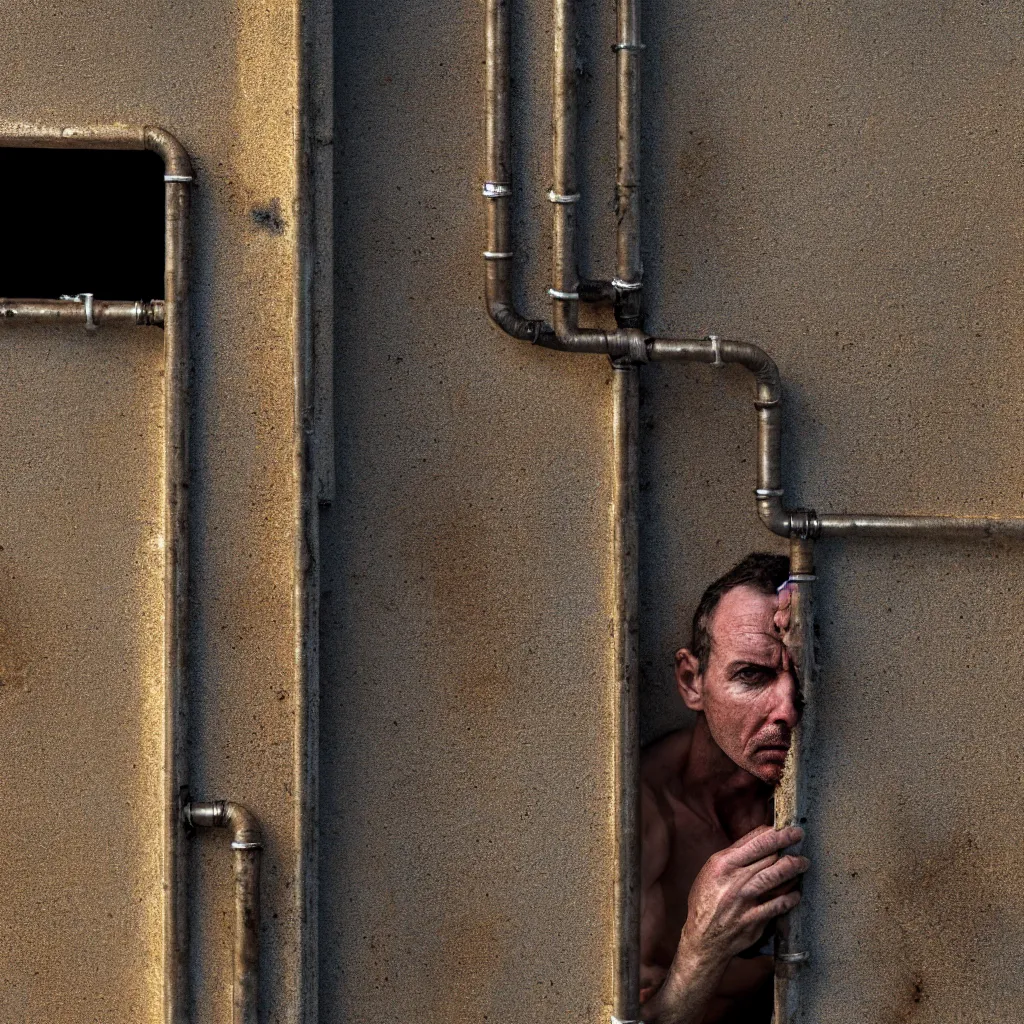 Image similar to close - up of a man is huddled in the corner of a sandy room, a heavy metal door and rusty pipes, sand and smoke are falling, blurred, faded, depth of field, sunny, ultra realistic, very detailed, by nadav kander, 8 k hyper realistic detailed cinematic still