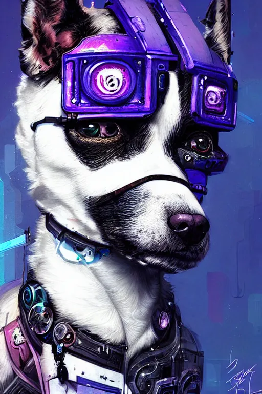 Image similar to a beautiful portrait of a cute cyberpunk dog by sandra chevrier and greg rutkowski and wlop, purple blue color scheme, high key lighting, volumetric light, digital art, highly detailed, fine detail, intricate, ornate, complex, octane render, unreal engine, photorealistic