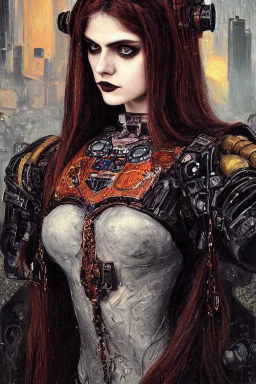 Image similar to portrait of beautiful gothic Alexandra Daddario, cyberpunk, Warhammer, highly detailed, artstation, illustration, art by Gustav Klimt