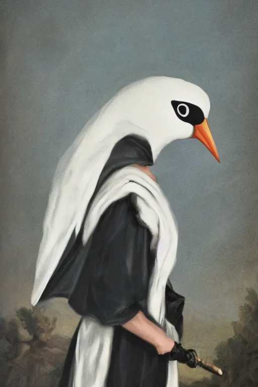 Prompt: a young adventurer wearing a white bird mask and a black cloak.